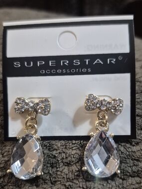 Superstar Gold Bow Drop Earrings with Clear Teardrop Crystals